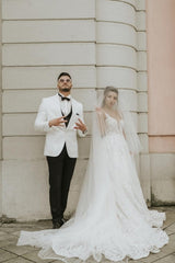 Ivory Sleeveless Straps A-Line Wedding Dresses with Chapel Train-Ballbella