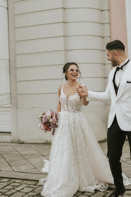 Ivory Sleeveless Straps A-Line Wedding Dresses with Chapel Train-Ballbella