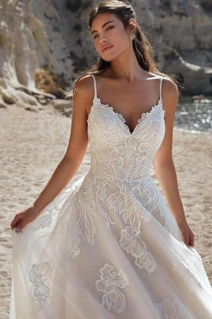 Ivory Spaghetti Straps Floor Length A-Line Wedding Dresses-Ballbella