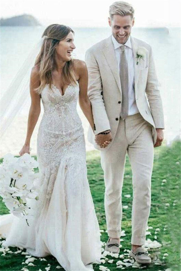 Ivory Summer Beach Linen Wedding Tuxedo for Men Slim fit Men Suits with Three-pieces-Ballbella