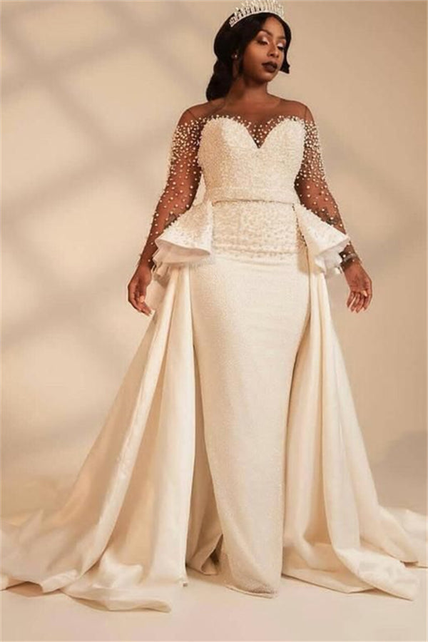 Ivory Sweetheart Mermaid Thick Satin WEdding Dress with overskirt-Ballbella