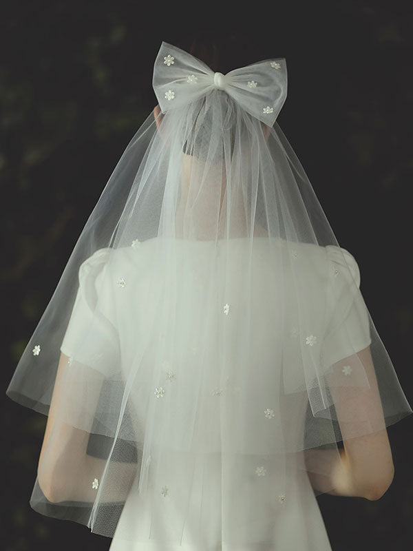 Ivory Two Tier Bows Tulle Cut Edge Drop Wedding Veils-Ballbella