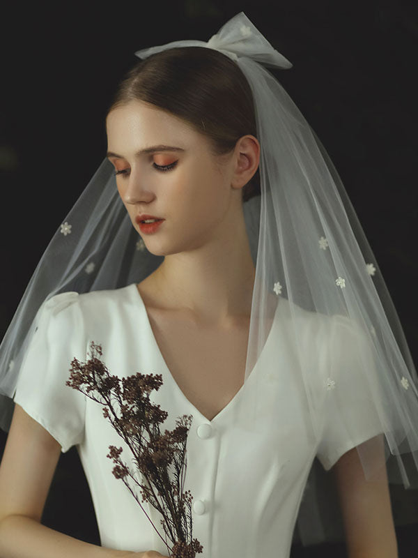 Ivory Two Tier Bows Tulle Cut Edge Drop Wedding Veils-Ballbella