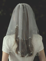 Ivory Two Tier Bows Tulle Finished Edge Drop Wedding Veils-Ballbella