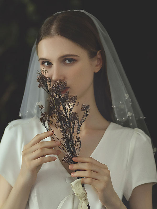 White Tulle Wedding Veils Two-Tier Lace Drop Bridal Veils – Ballbella