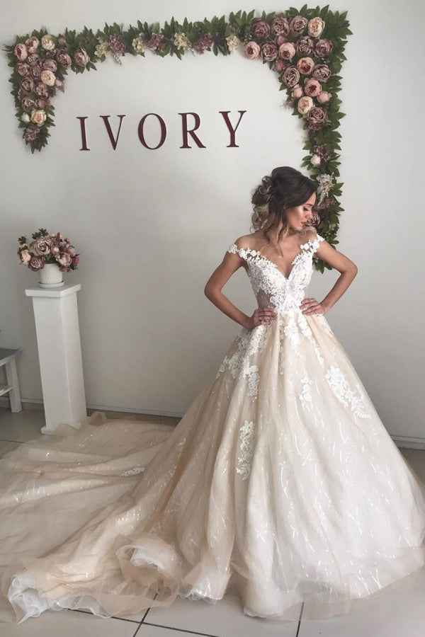 Ballbella offers Ivory V-neck off-the-shoulder Princess Ball Gown Wedding Dress at factory price from White,Ivory,Champagne,Black, Tulle,Lace to A-line Floor-length hem. All sold at reasonable price