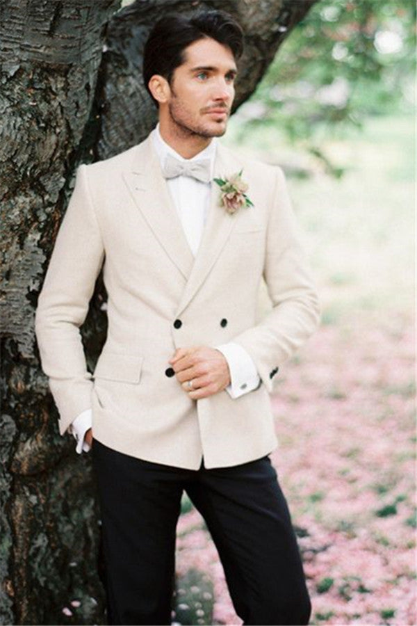 Ballbella made this Ivory Wedding Tuxedos For Groom, Two-pieces Set Groomsmen Best Man Suit groom with rush order service. Discover the design of this Ivory Solid Peaked Lapel Double Breasted mens suits cheap for prom, wedding or formal business occasion.