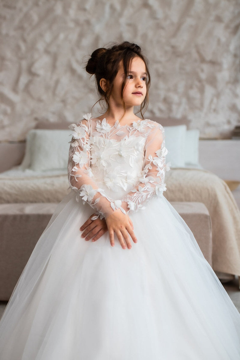 Jewel Long Sleeve Ball Gown Backless Lace Applique Bowknot Flower Girl Ballbella Jewel Long Sleeve Ball Gown Backless Lace Applique Bowknot Flower Girl Ballbella