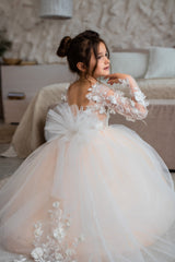 Jewel Long Sleeve Ball Gown Backless Lace Applique Bowknot Flower Girl Dress-Ballbella