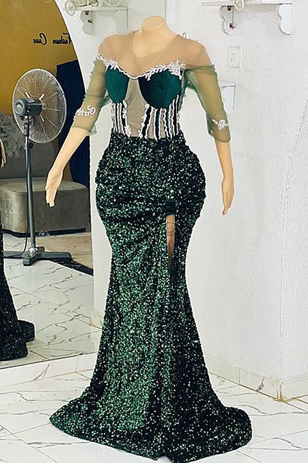 Jewel Mermaid Lace Applique Sequined Floor-length Half Sleeves High Split Prom Dress-Ballbella