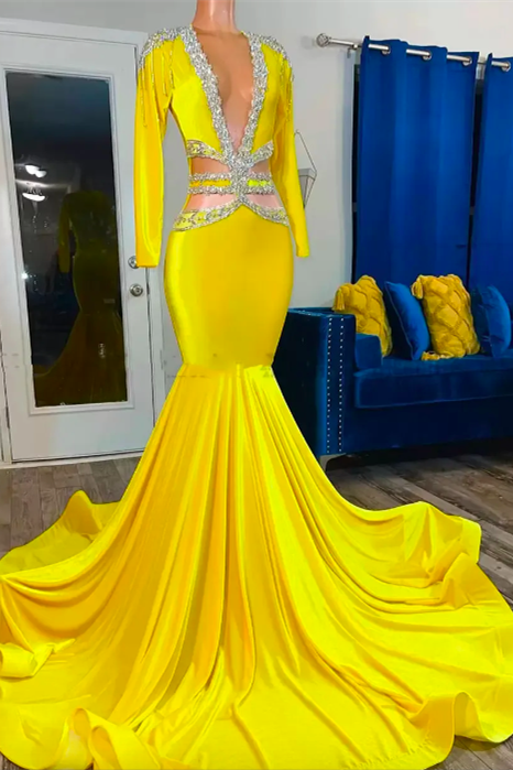 Jewel Mermaid Lace Sequined Beaded Floor-length Long Sleeve Prom Dress-Ballbella
