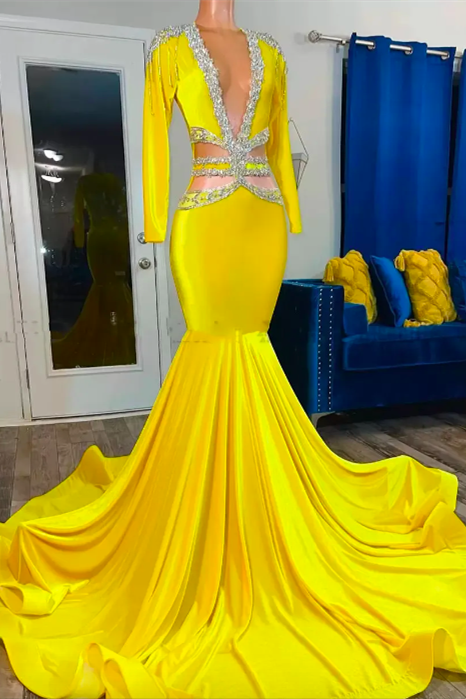 Jewel Mermaid Lace Sequined Beaded Floor-length Long Sleeve Prom Dress-Ballbella