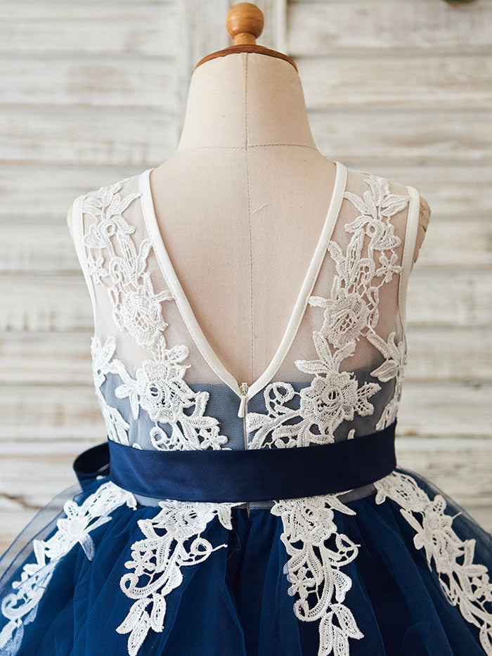 Jewel Neck Lace Sleeveless Short Princess Sash Kids Party Dresses, Dark Navy / Child 2