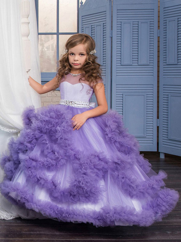 flower girl dresses Jewel Neck Short Sleeves Rhinestones Kids Pageant Dresses