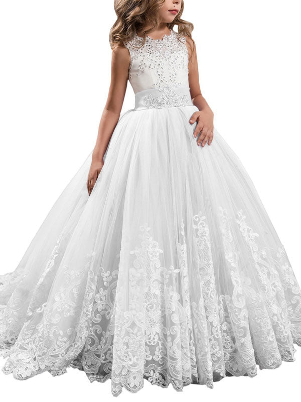 Jewel Neck Sleeveless Studded Formal flower girl dress-Ballbella