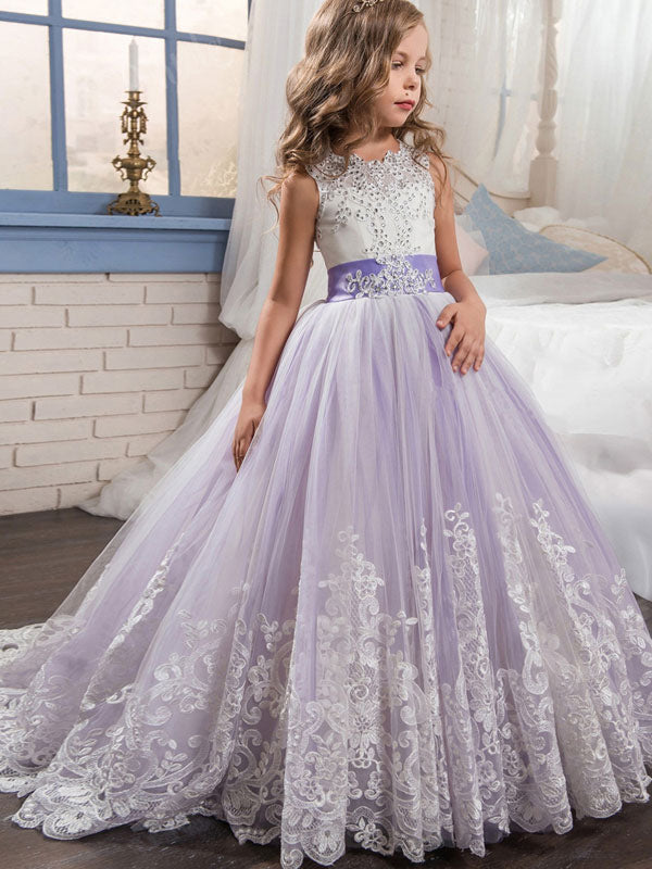 Jewel Neck Sleeveless Studded Formal flower girl dress-Ballbella
