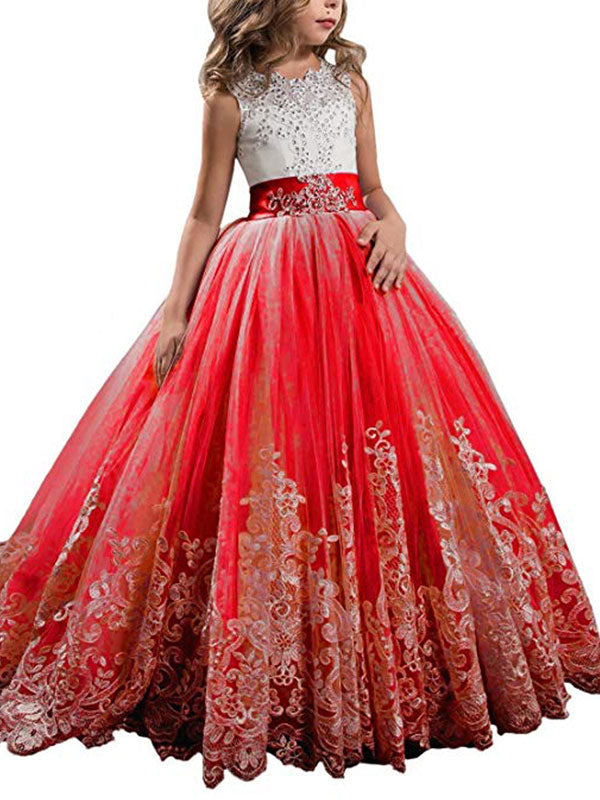 Jewel Neck Sleeveless Studded Formal flower girl dress-Ballbella