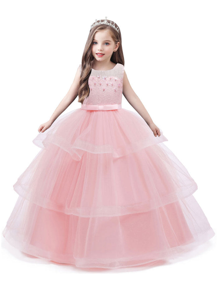 Jewel Neck Tulle Sleeveless Ankle Length Princess Kids Social Party Dresses, Soft Pink / 5 Years OLD