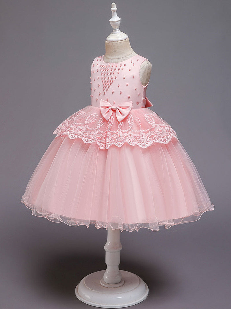 flower girl dresses Jewel Neck Tulle Sleeveless Knee Length Princess Silhouette Bows Formal Kids Pageant Dresses