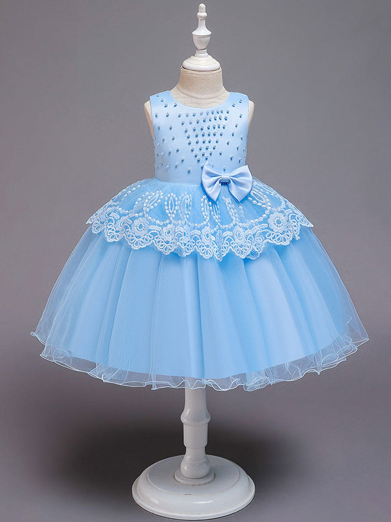flower girl dresses Jewel Neck Tulle Sleeveless Knee Length Princess Silhouette Bows Formal Kids Pageant Dresses