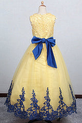 Jewel Sleeveless Ball Gown Lace Applique Bowknot Flower Girl Dress-Ballbella