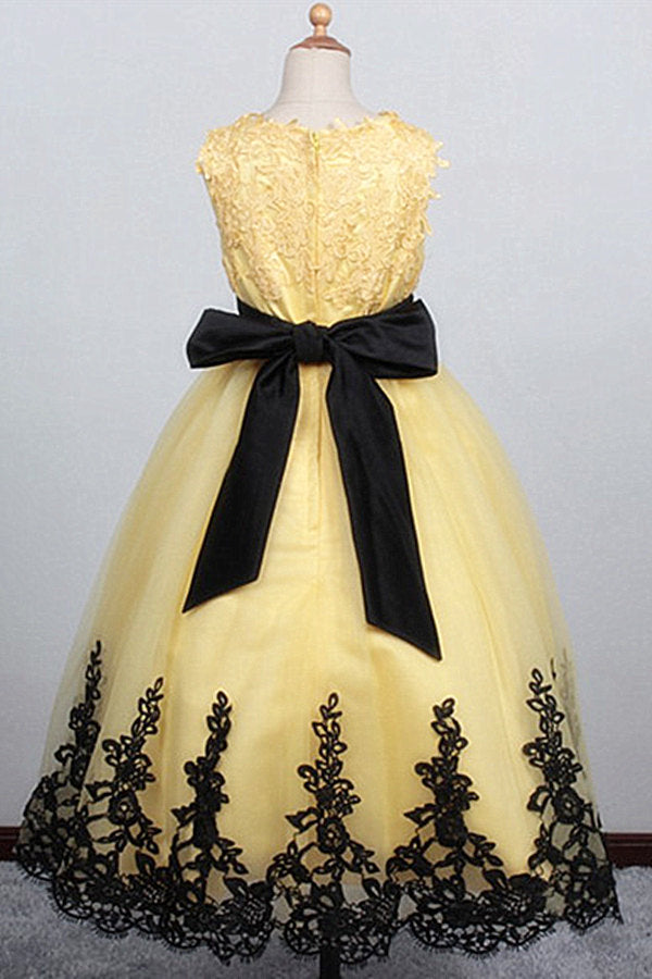 Jewel Sleeveless Ball Gown Lace Applique Bowknot Flower Girl Dress-Ballbella