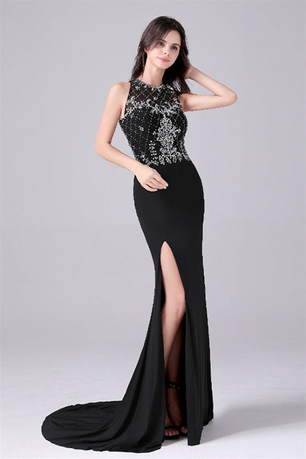 Jewel sleeveless floor length paillette high slit mermaid mother's dress-Ballbella