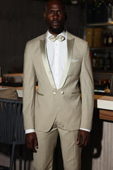 Khaki Double-Breasted Prom Suit with Satin Peaked Lapel-Ballbella