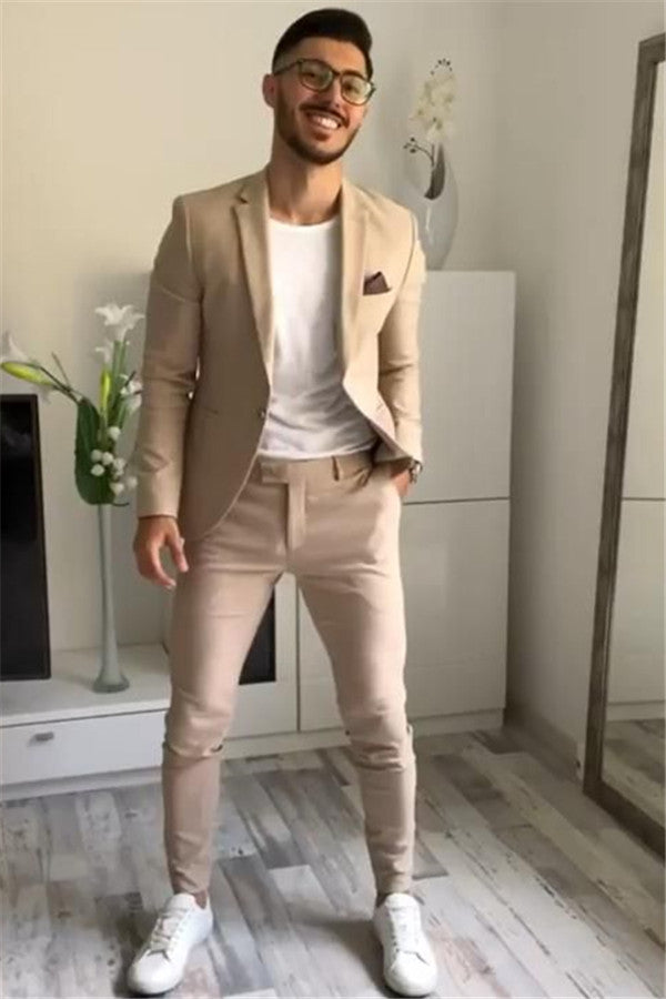 Khaki One Button Bespoke Two Piece Prom Party Men Suit Online-Ballbella