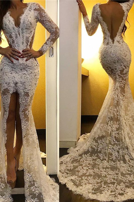 Lace Appliques Chic White Evening Dresses Long Sleeves Prom Dresses with Slit-Ballbella