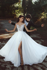 Lace Appliques Chiffon Wedding Dresses Modern Front Slit sheer Bride Dress-Ballbella