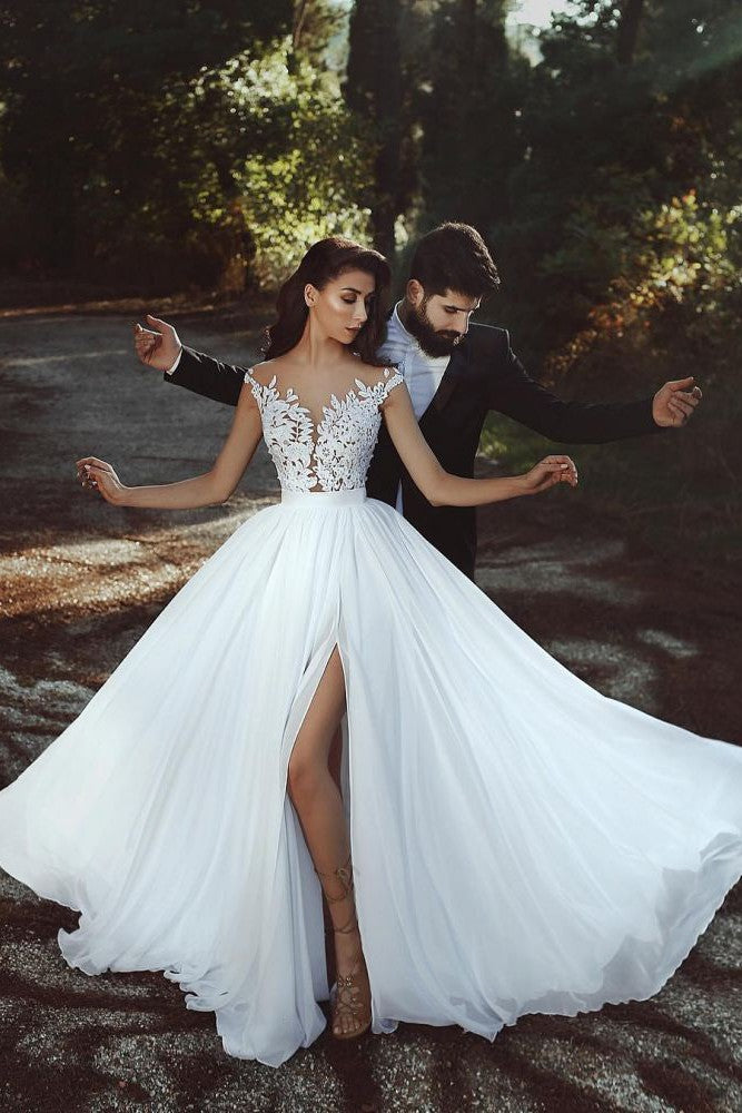Lace Appliques Chiffon Wedding Dresses Modern Front Slit sheer Bride Dress-Ballbella