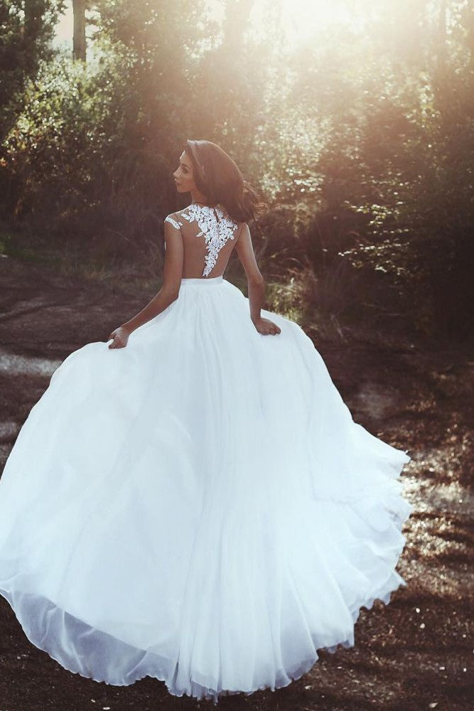 Lace Appliques Chiffon Wedding Dresses Modern Front Slit sheer Bride Dress-Ballbella