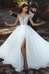 Lace Appliques Chiffon Wedding Dresses Modern Front Slit sheer Bride Dress-Ballbella