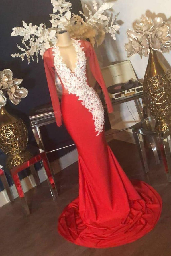 Lace Appliques Long Sleevess Illusion Neckline Red Mermaid Prom Dresses-Ballbella