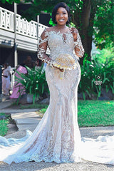 Lace Appliques Mermaid Wedding Dress Long Sleeves Plus Size Bridal Dresses-Ballbella