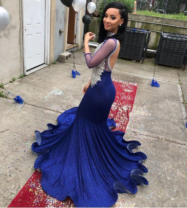 Looking for Prom Dresses, Evening Dresses in Stretch Satin,  Mermaid style,  and Gorgeous work? Ballbella has all covered on this elegant Lace Appliques Open Back Sweep Train Mermaid Prom Dresses with Sleeves.