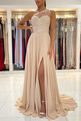 Lace Appliques Sleeveless One-Shoulder Prom Dress-Ballbella