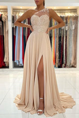 Lace Appliques Sleeveless One-Shoulder Prom Dress-Ballbella