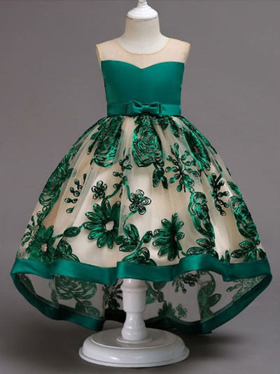 open lace back dress Lace High Low Kids Formal Asymmetrical Little Girls Social Party Dress, Dark Green / 2-3Y
