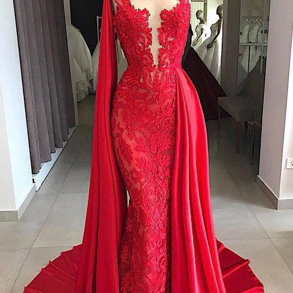 Lace Long Evening Dresses Sleeveless Red Prom Dresses with Cape Ballbella Lace Long Evening Dresses Sleeveless Red Prom Dresses with Cape Ballbella