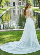 Lace Long Sleeve Jumpsuit Wedding Dress Illusion Neck-Ballbella