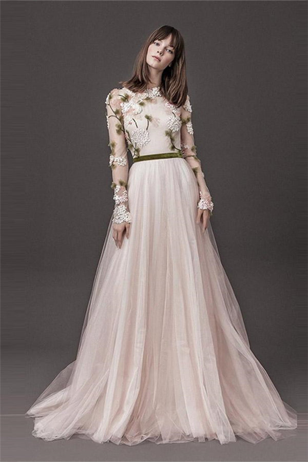 Lace Long Sleeves Floral A line Wedding Dresses Pleated Tulle Bridal Gowns Online-Ballbella