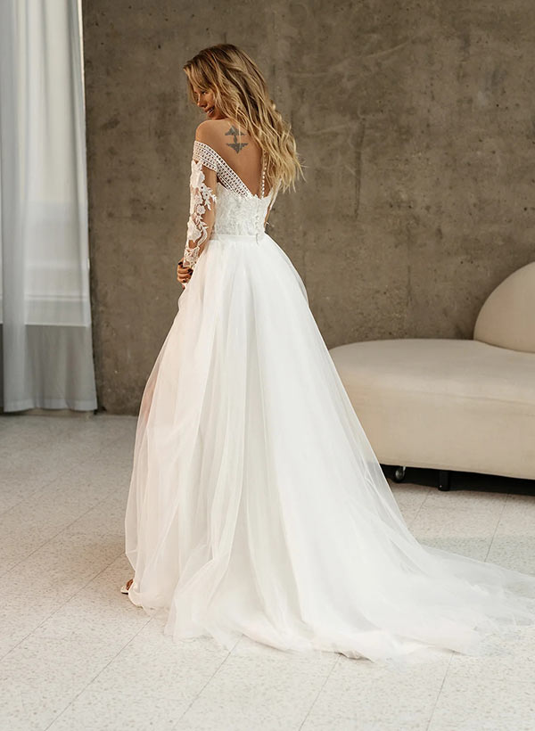 Lace Long Sleeves Wedding Dress Front Split