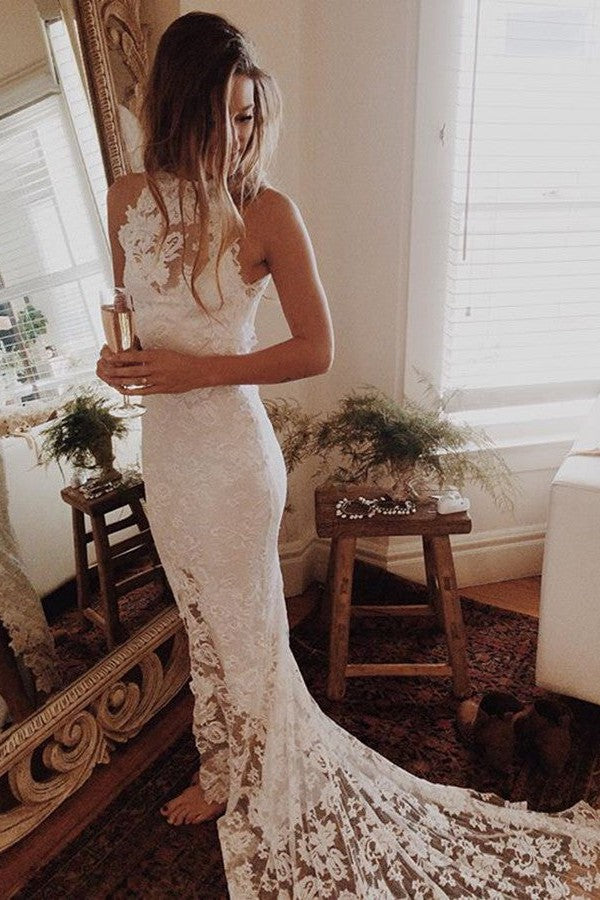 Lace Mermaid Sleeveless Halter Chapel Train Wedding Dresses-Ballbella