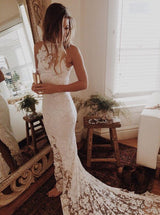 This beautiful Lace Mermaid Sleeveless Halter Chapel Train Wedding Dresses at ballbella.com will make your guests say wow. The Halter bodice is thoughtfully lined.