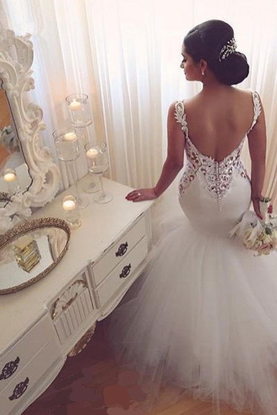 Lace Mermaid Tulle Bridal Gowns Open Back Sleeveless Modern Bridal Gowns Online-Ballbella
