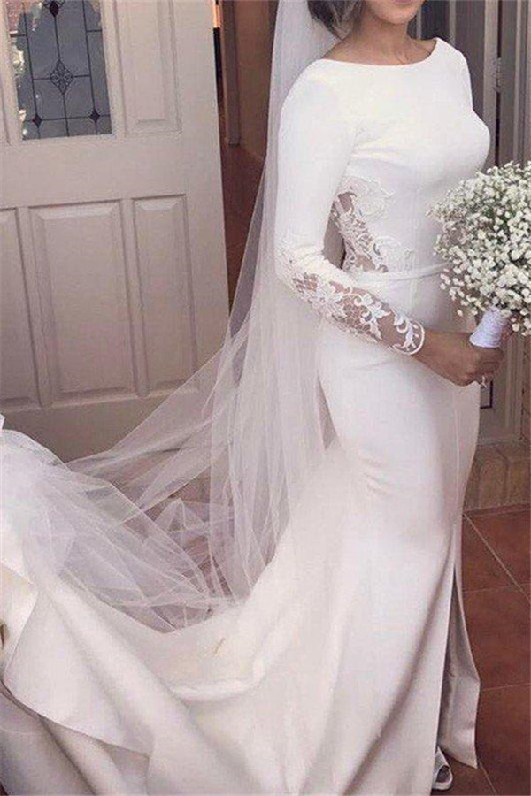 Lace Satin Long Sleevess Mermaid Scoop Court Train Wedding Dresses-Ballbella