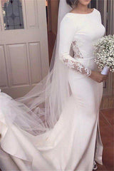 Lace Satin Long Sleevess Mermaid Scoop Court Train Wedding Dresses-Ballbella