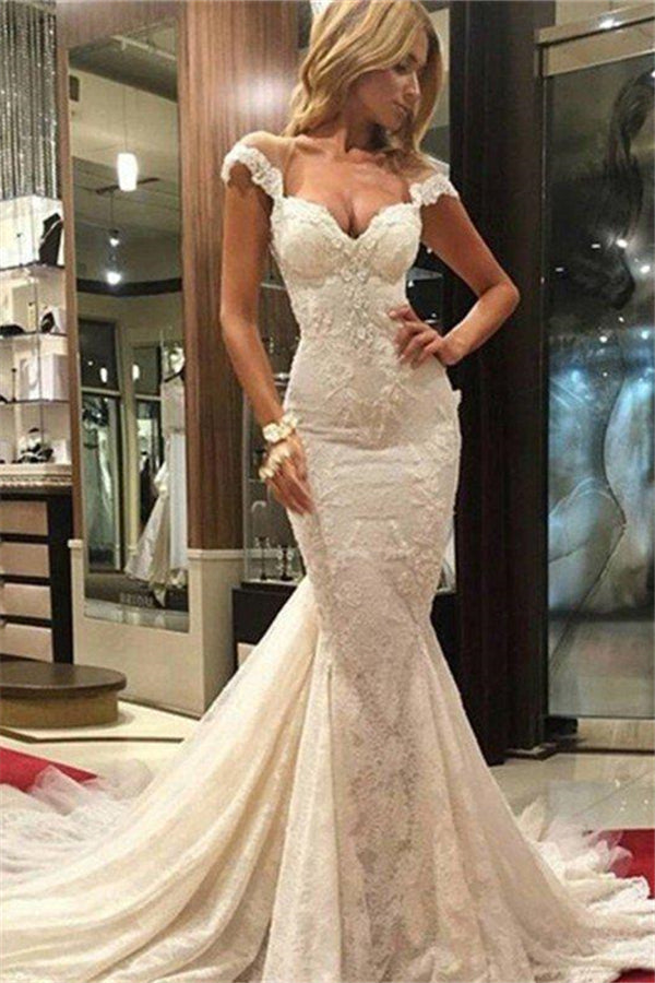 Lace Sleeveless Sweep Train Mermaid V neck Wedding Dresses-Ballbella